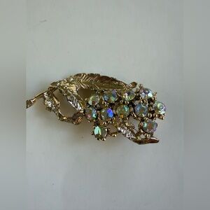 Vintage Gold-Tone Leaf Brooch with Aurora Borealis Crystals